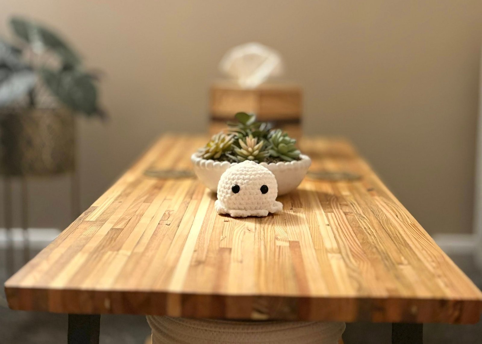 A close up of the coffee table in Laura Heslop's therapy room with a small soft toy and a plant on the table